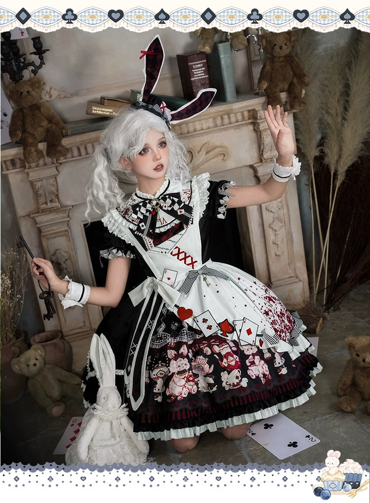 YingLuoFu - Alice - Kawaii Lolita OP Dress, Rabbit & Playing Card Motifs