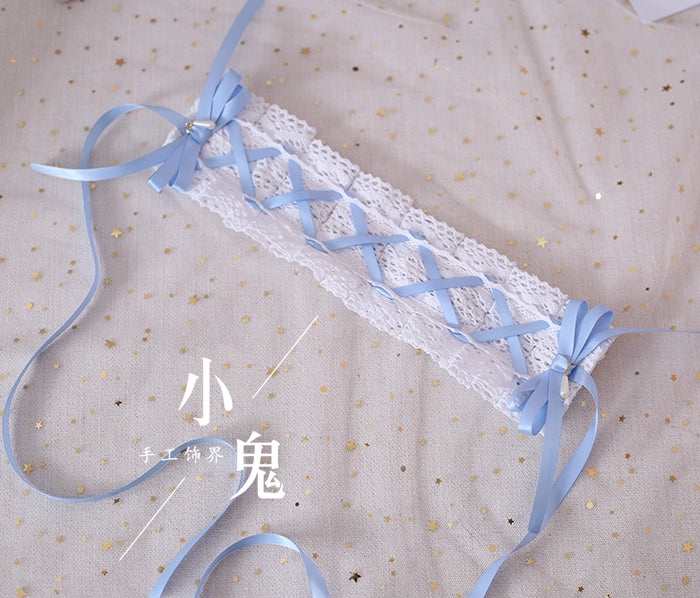 Xiaogui - Japanese Style Sweet Lolita Lace Headband Multicolors White Cotton + Light Blue