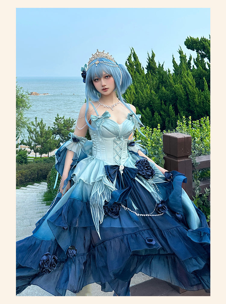 Meowing and Fruity - Swan Wonderland - Fairy Lolita JSK with High-Low Hem Deep Sea Blue - Small Set (JSK+detachable sleeves+back bow) S