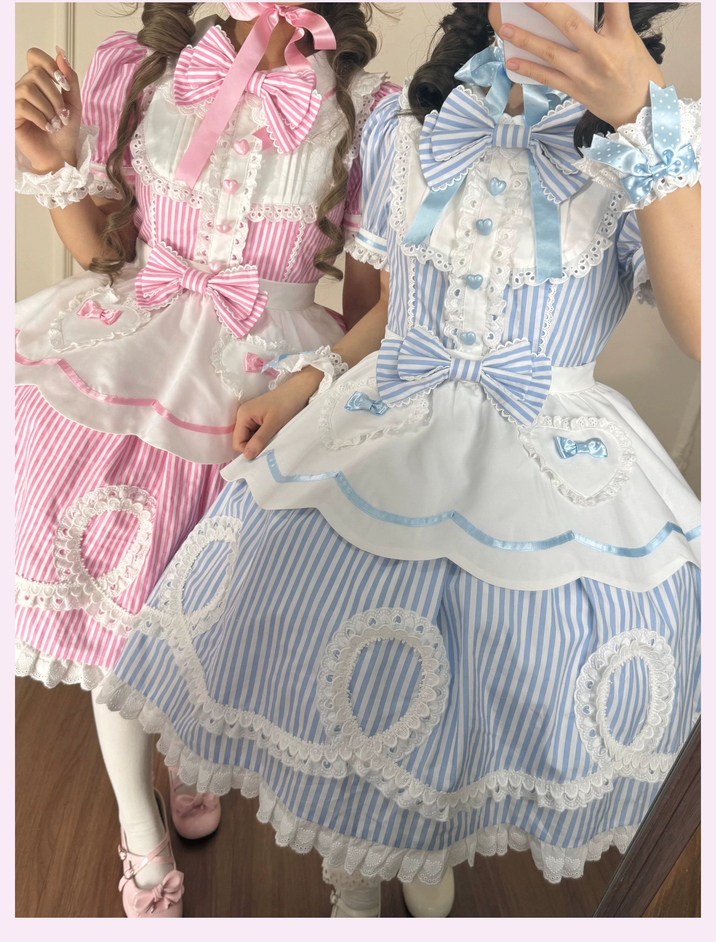 Candy Shop Manager - Old School Lolita Striped OP Dress, Detachable Apron