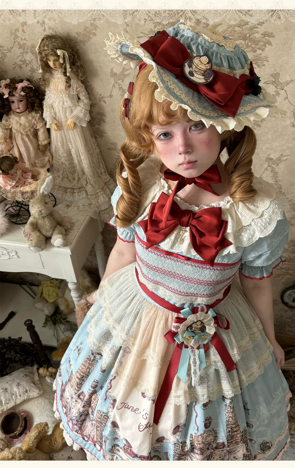 Pancake Postman - Kawaii Lolita Printed OP & Salopette Dress, Lace & Bows