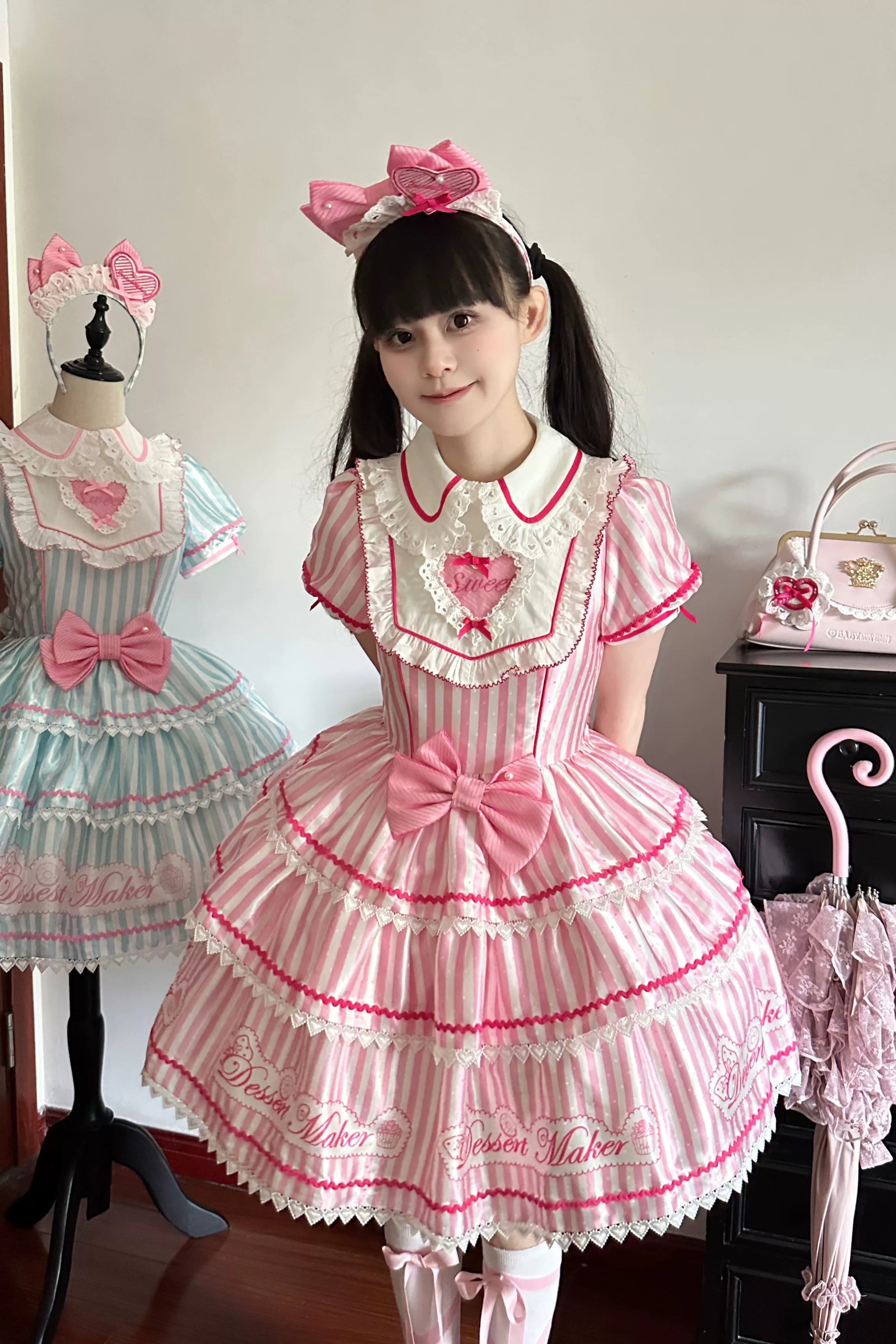 Sweet Butler - Maid Lolita Striped OP Dress, Embroidered Collar 45379:851072