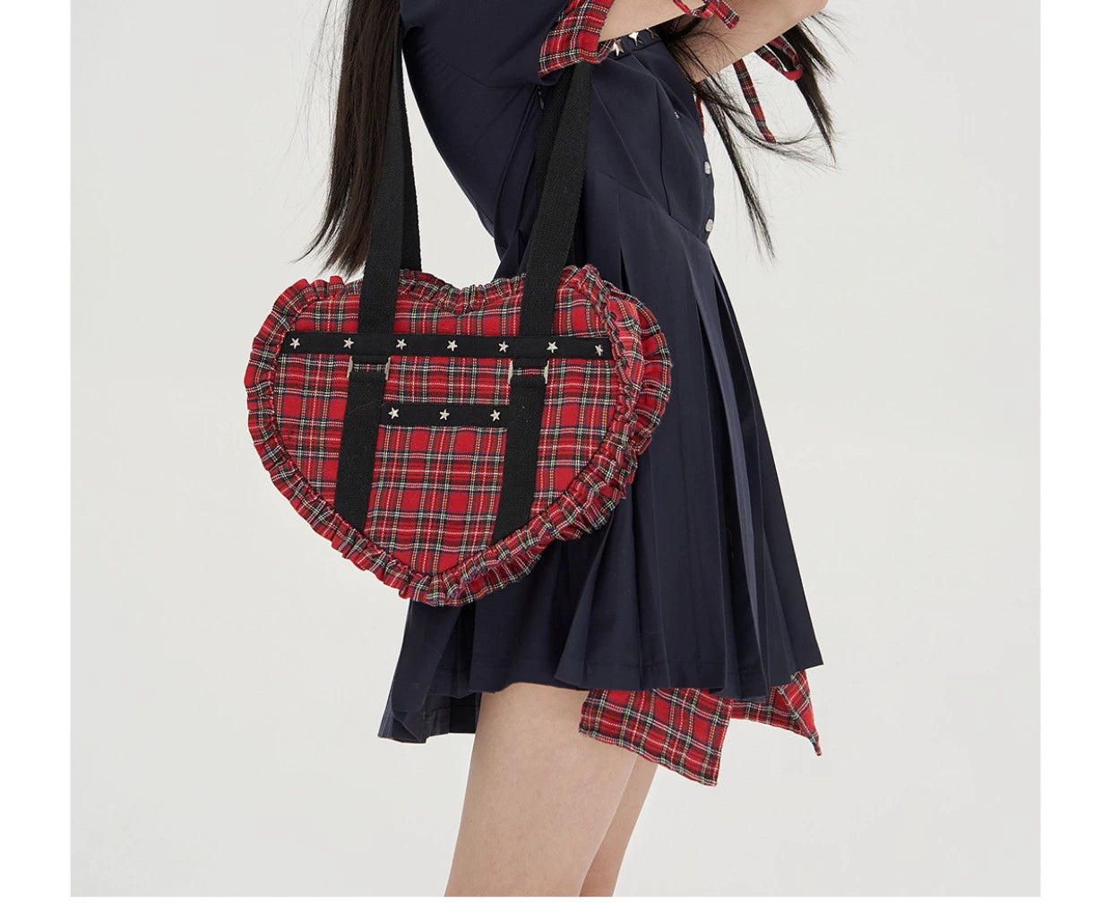 (BFM)Soso Meme Club~Vintage Lolita Heart Shaped Plaid Dot Print JK Uniform Bag 34908:471028
