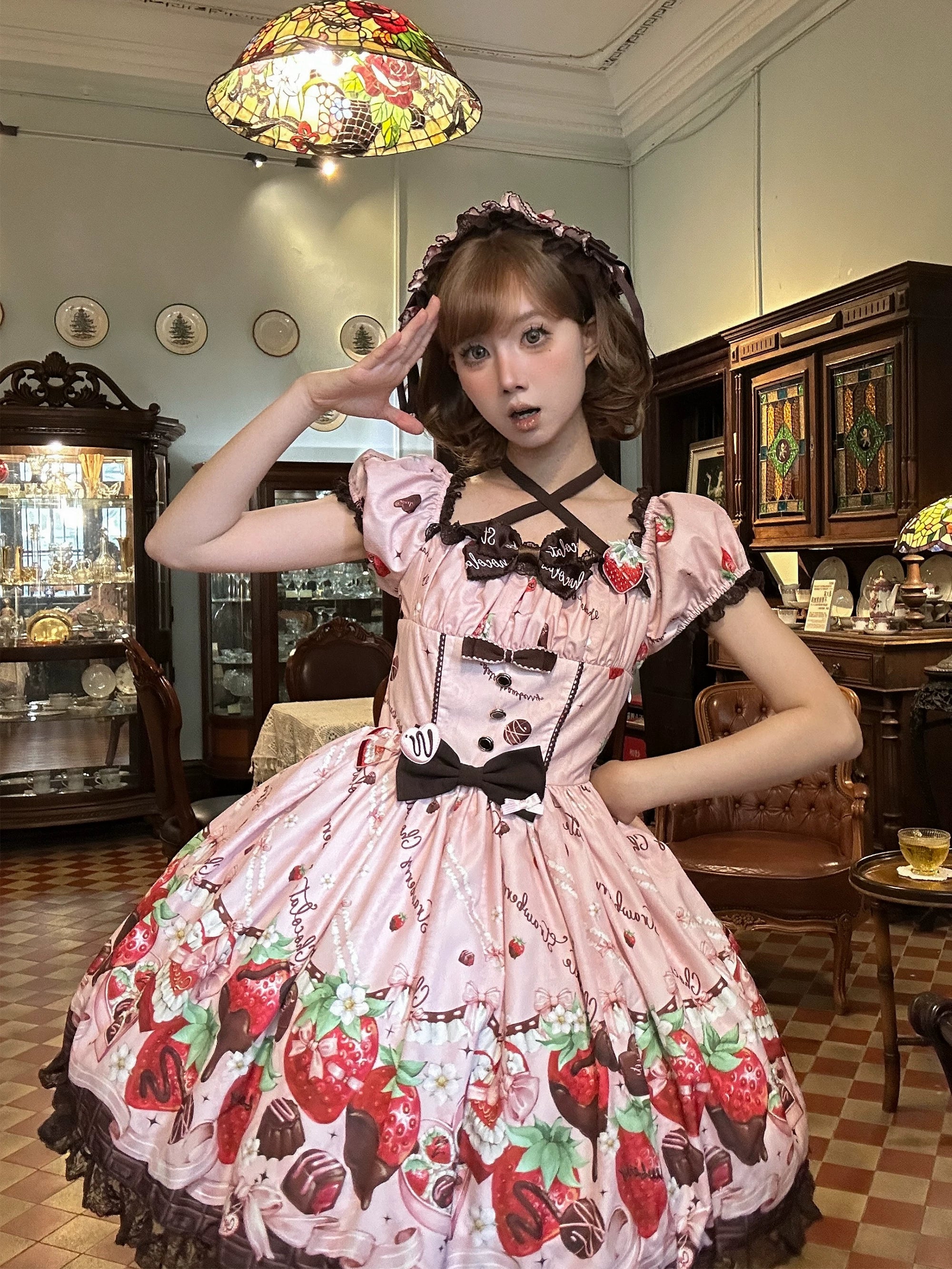 Strawberry Chocolate Lovers - Kawaii Lolita Embroidered Dress, Strawberry & Chocolate Print