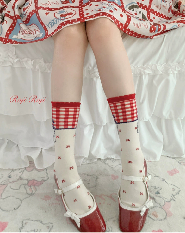 Roji Roji - Kawaii Lolita Socks Bows Sock for Spring/Summer Wear Red mid-calf socks 36cm