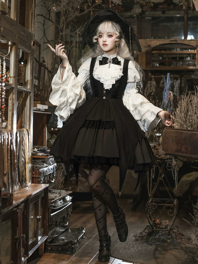 Black Gothic Lolita JSK Dress + White Blouse Black Gothic Lolita JSK Dress + White Blouse