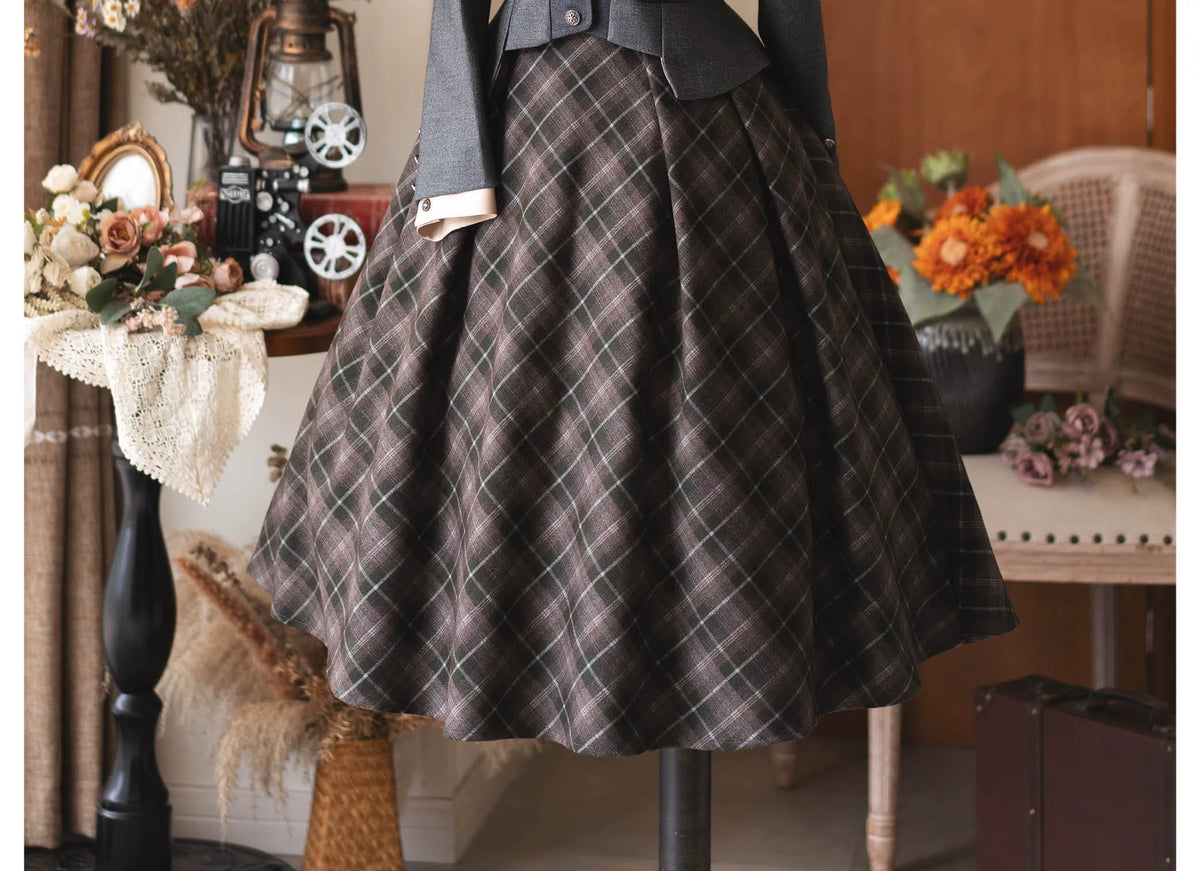 Forest Beats - Elegant Classic Lolita Suspenders Skirt, Plaid Pattern 46082:874436