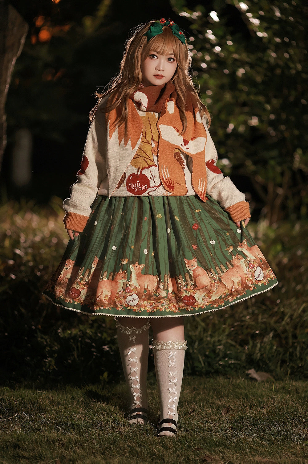 Miss Point - Chubby Fox in the Forest - Kawaii Lolita Accessories Knitted Fox Scarf Embroidered Faux Collar