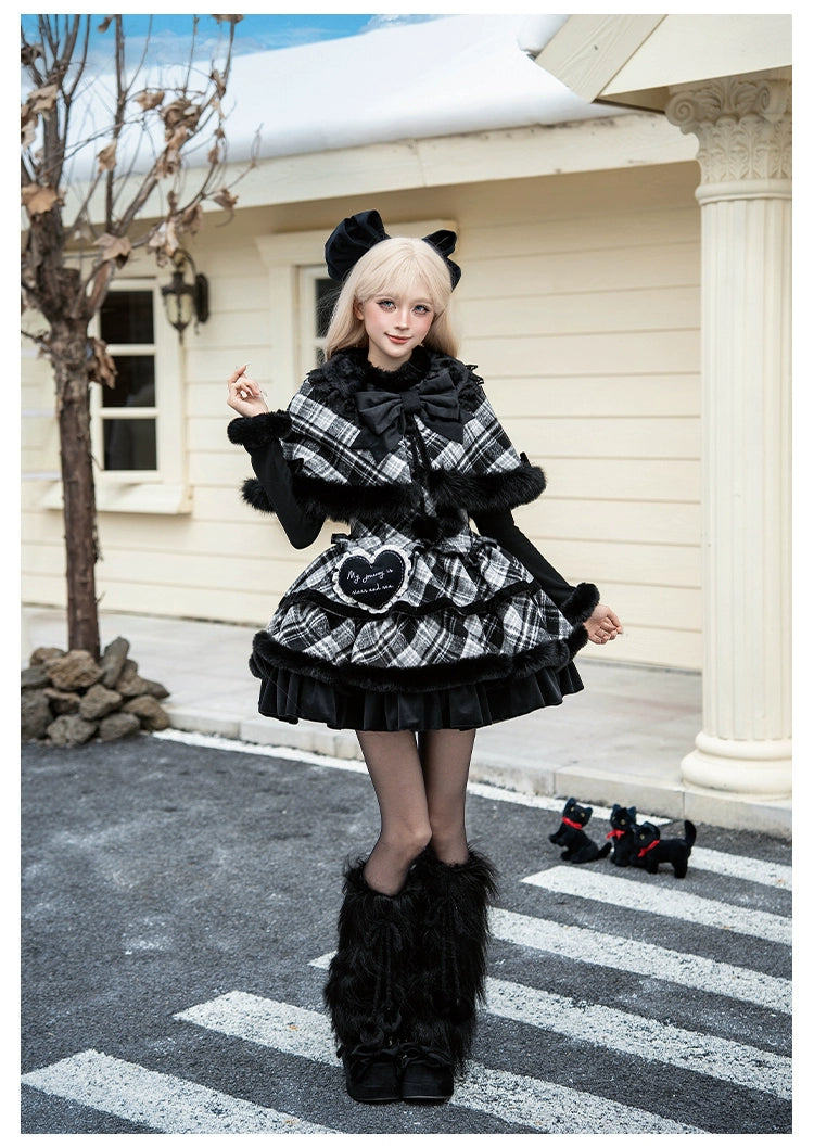 With PUJI - Snow Night Serenade - Fluffy Plaid Kawaii Lolita JSK, Reversible Cape 44279:802325