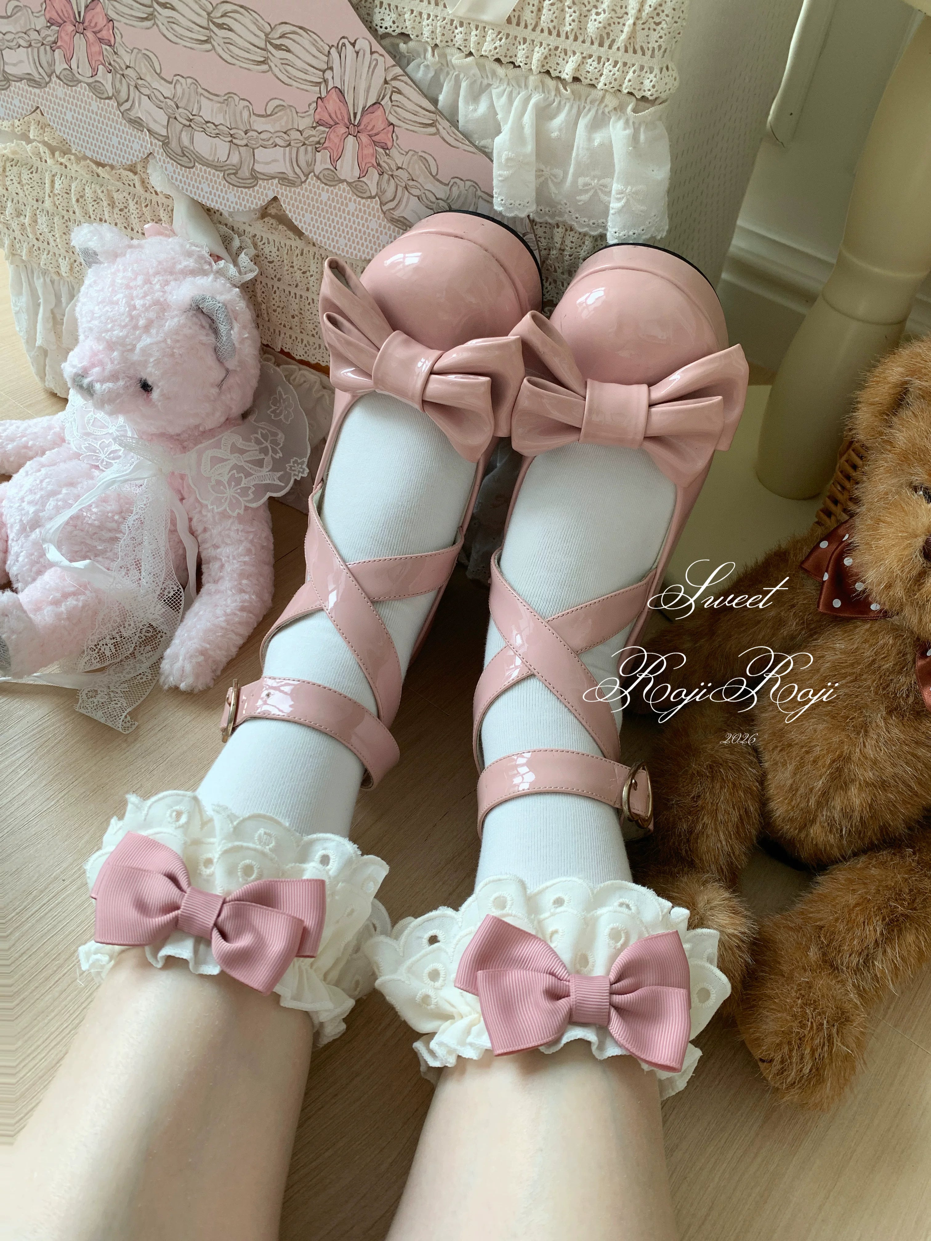Cotton Classic Lolita Calf Socks, Double Layer Trim & Bow 45730:859923