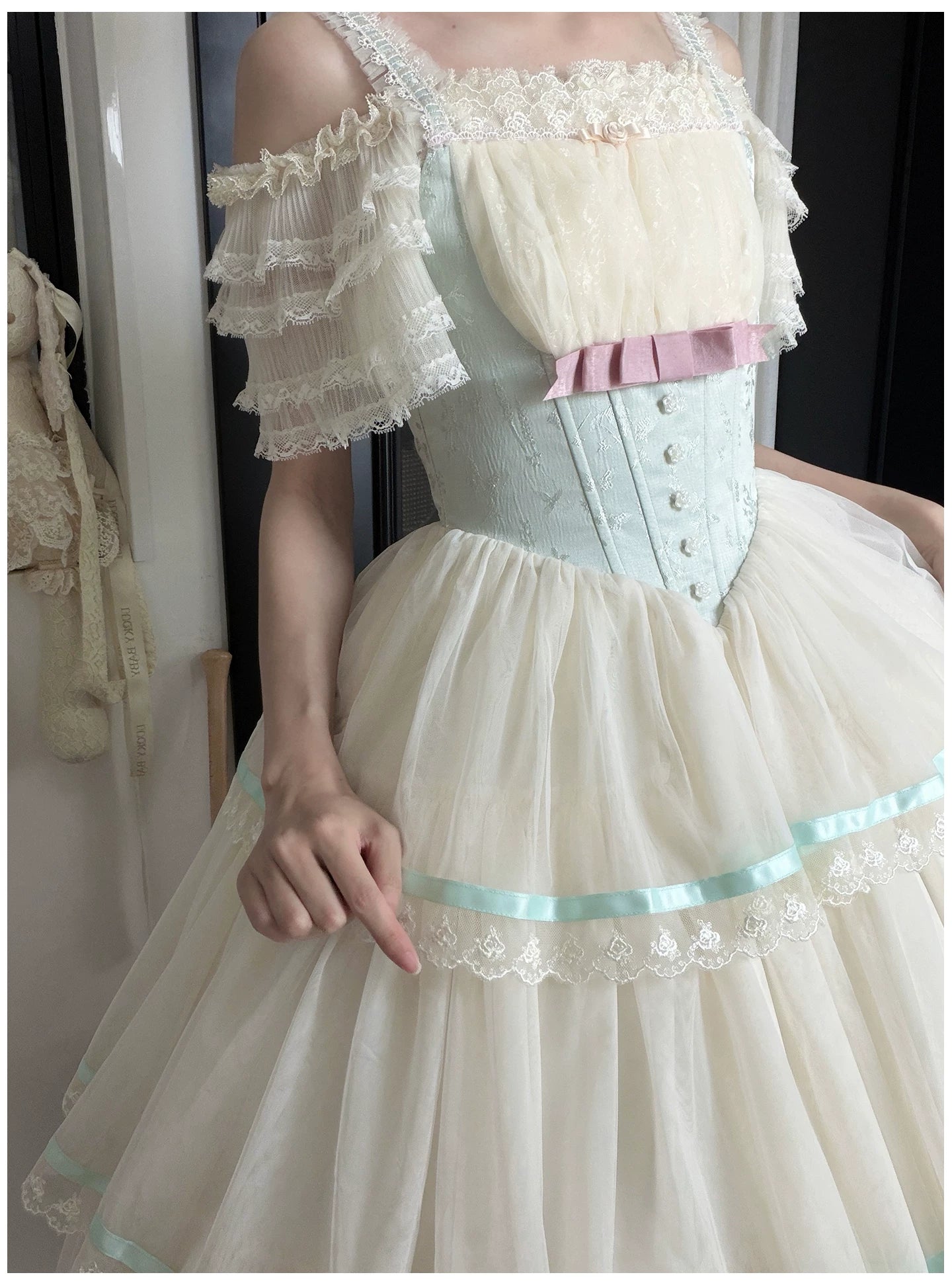 Sea Salt Soda - Classic Lolita Adjustable Corset JSK Dress, Tiered Tulle Hem 45257:856366