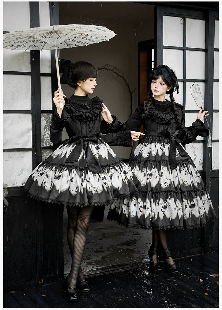 With PUJI - Dead Leaf Butterfly - Gothic Lolita JSK & OP Dress Set, Butterfly Print 44346:805399