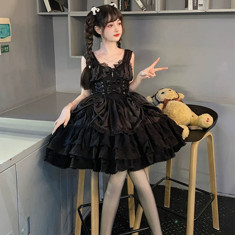Hanguliang - Cross Medal - Black Gothic Lolita JSK, Tiered Skirt