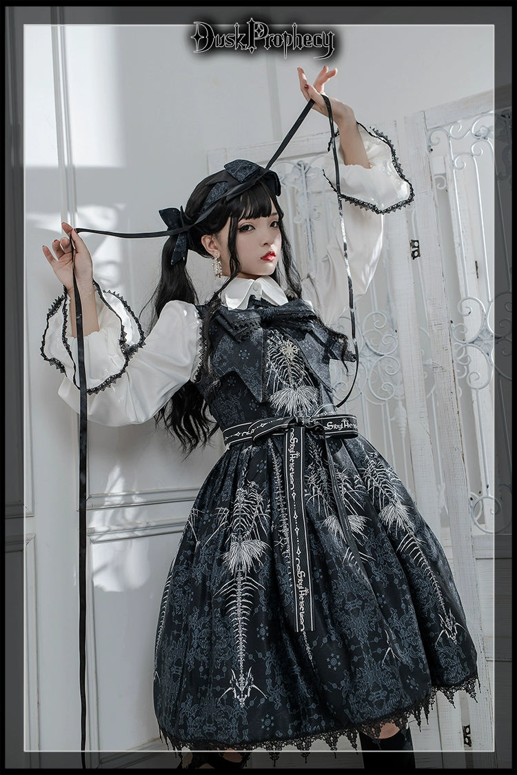 DuskProphecy - Coccyx - Elegant Lolita Dress High Waist Fishbone Print JSK Set 34722:466582