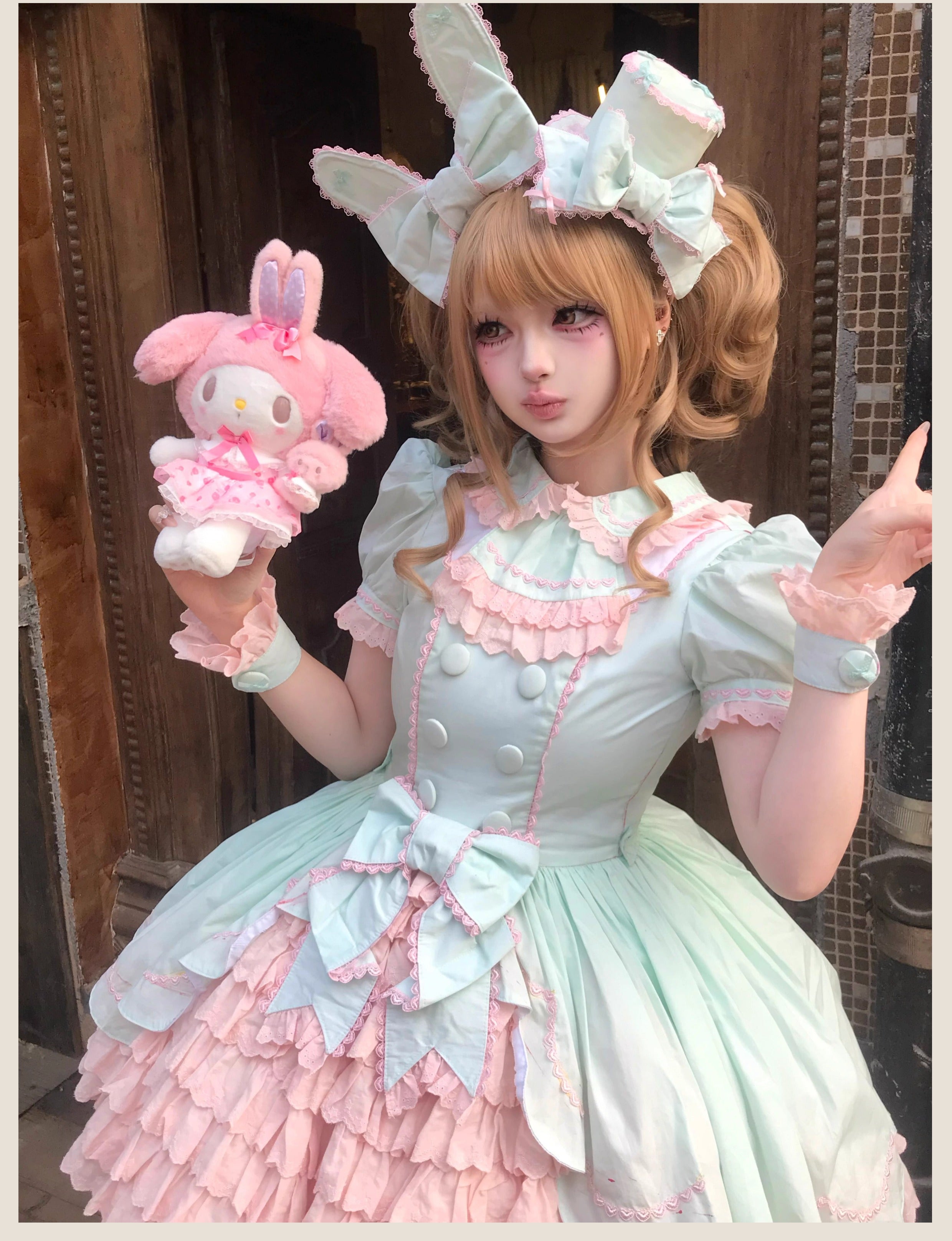 TaTaTa Lolita - Melon Parfait - Old School Lolita OP Suit Pink-Green Sweet Dress