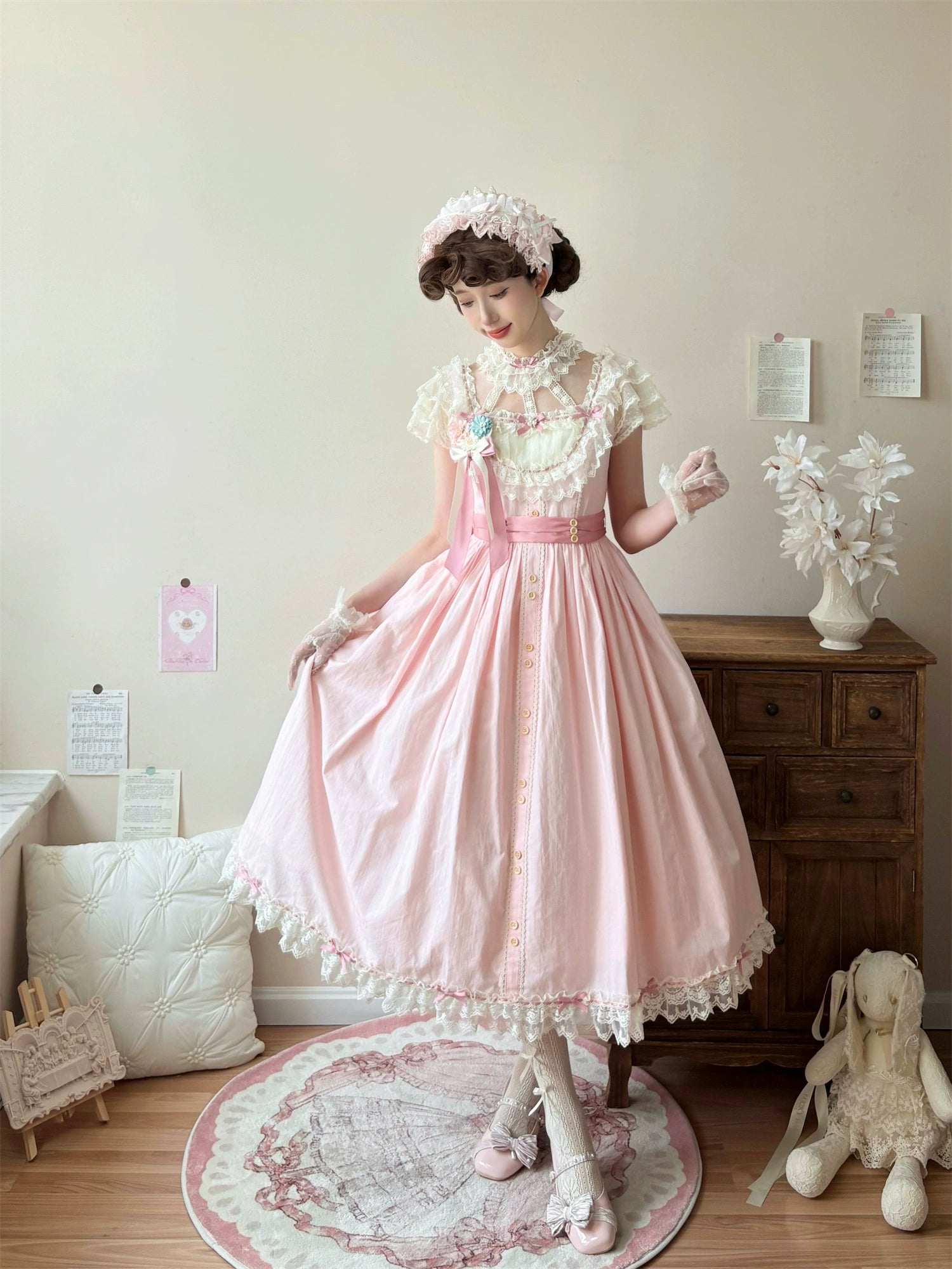 Fluttering Cherry Spring Strings - Cotton Sweet Lolita JSK Dress Long - Light Pink - JSK Only (dress+waist tie) S