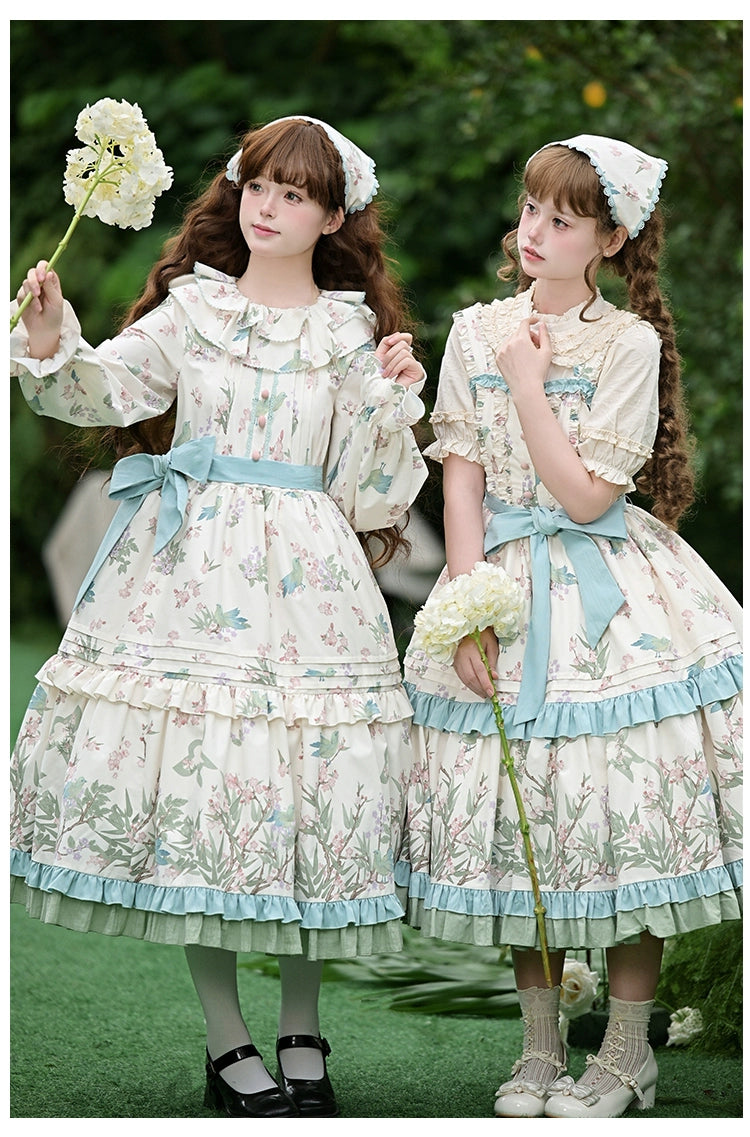 With PUJI - Oriole Time - Country Lolita JSK and OP Dress, Floral and Bird Print 44048:794557