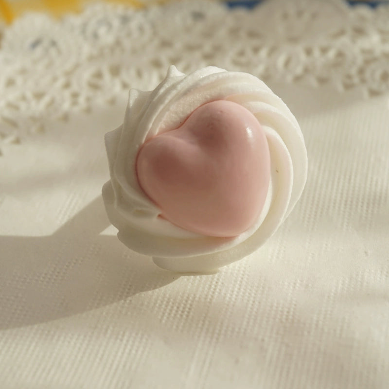 Cat Tea Party - Cute Lolita Ring Handmade Clay Cream Heart Shape Adjustable Ring Pink