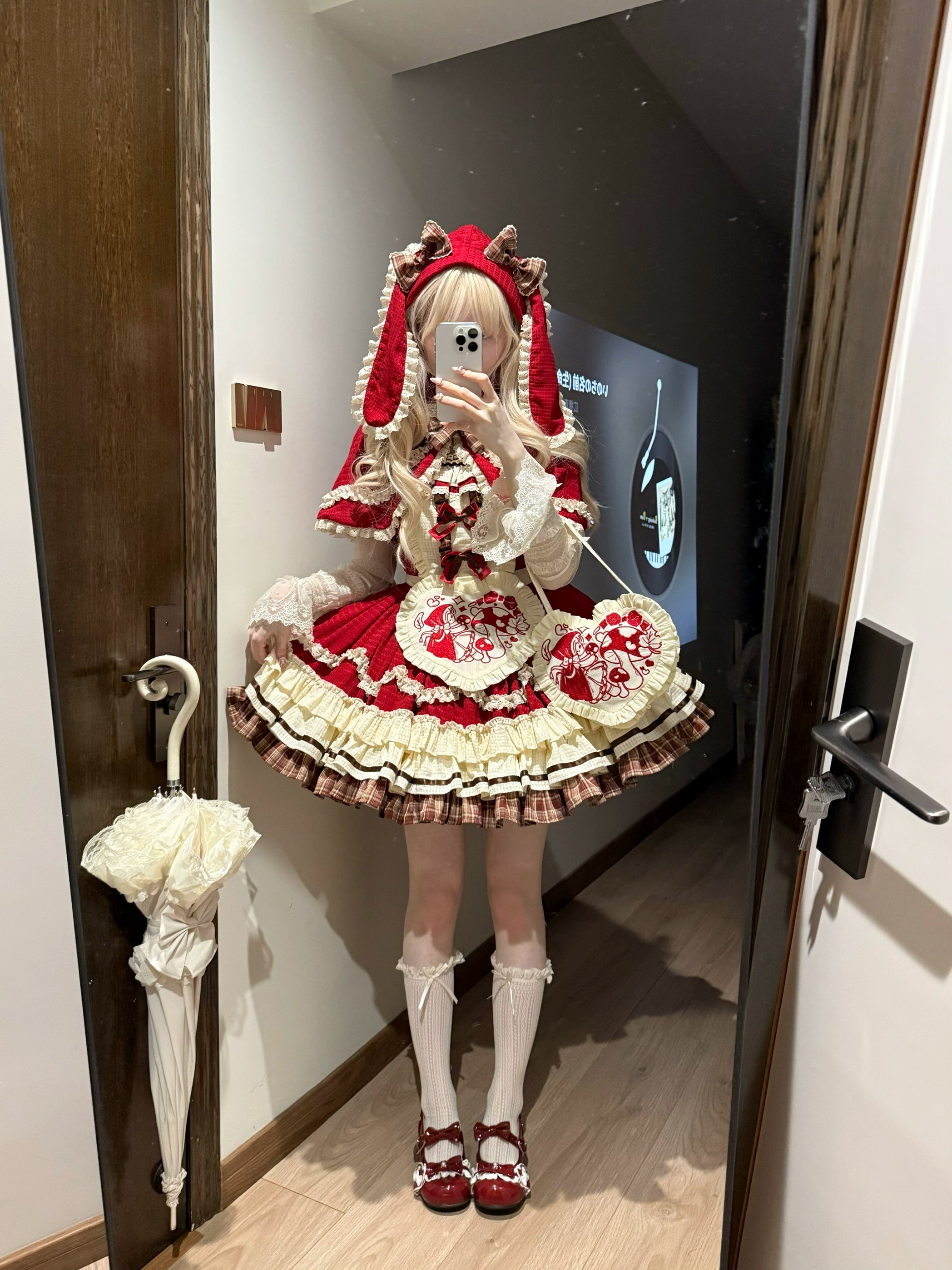 Xiao Ai Qu - Little Red Cloak - Sweet Lolita JSK Set, Rabbit Ear Cape 44348:805014