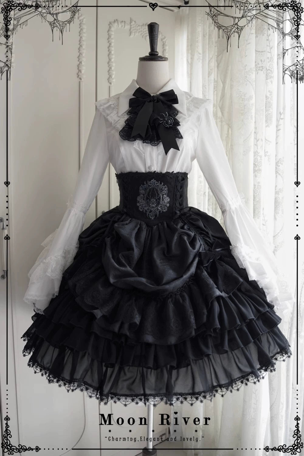 Moon River - Moonlit Spider - Gothic Lolita SK & JSK Dress Outfit Set Black / Drawn-Up Hem SK S