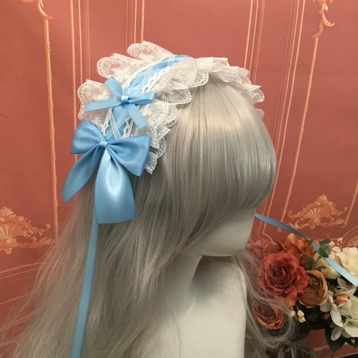 Sweet Lolita Lace Headbands, Ribbon & Bow White lace with sky blue headband