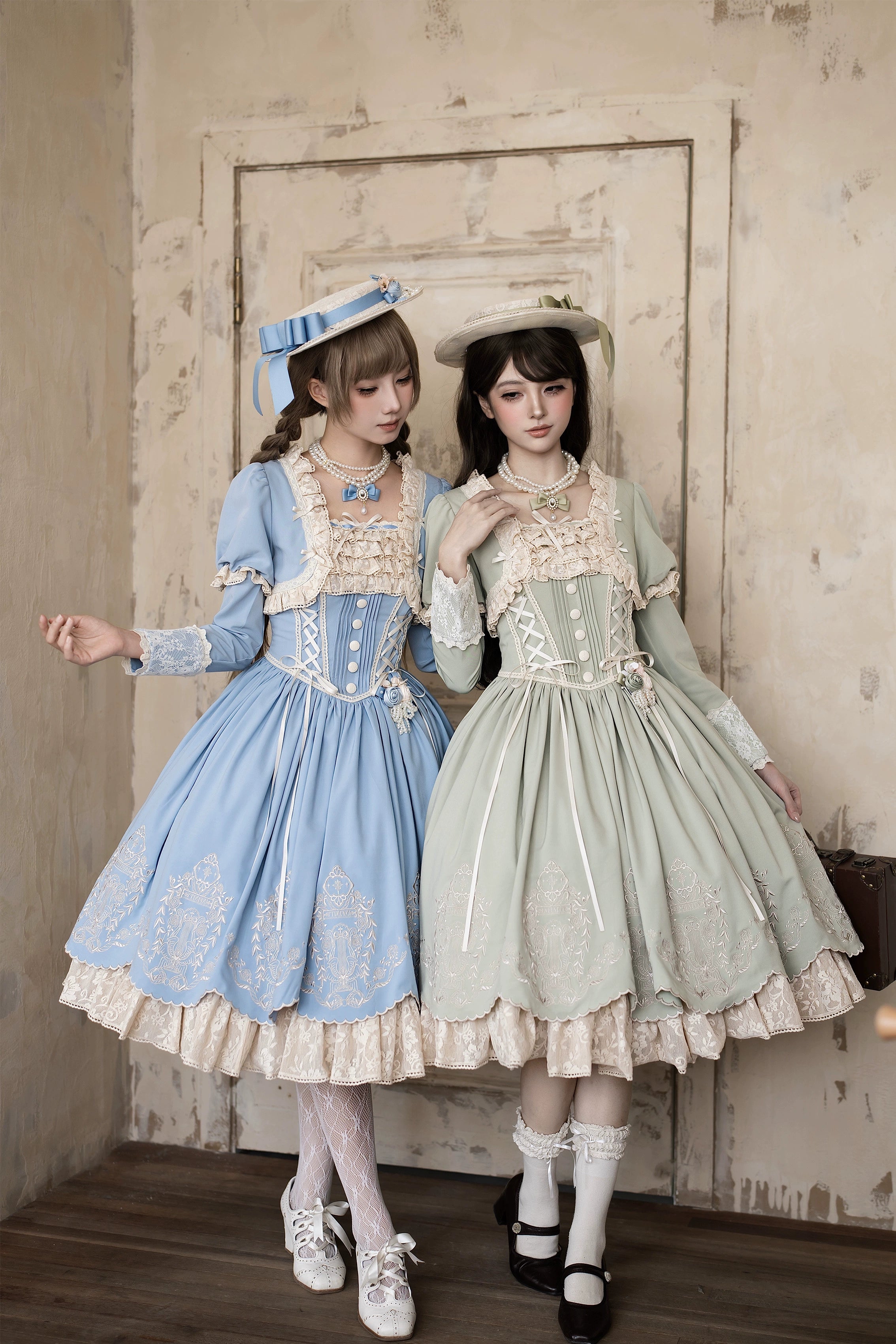 Amber Realm - Dream Strings - Embroidered Classic Lolita OP Dress, Princess Sleeves