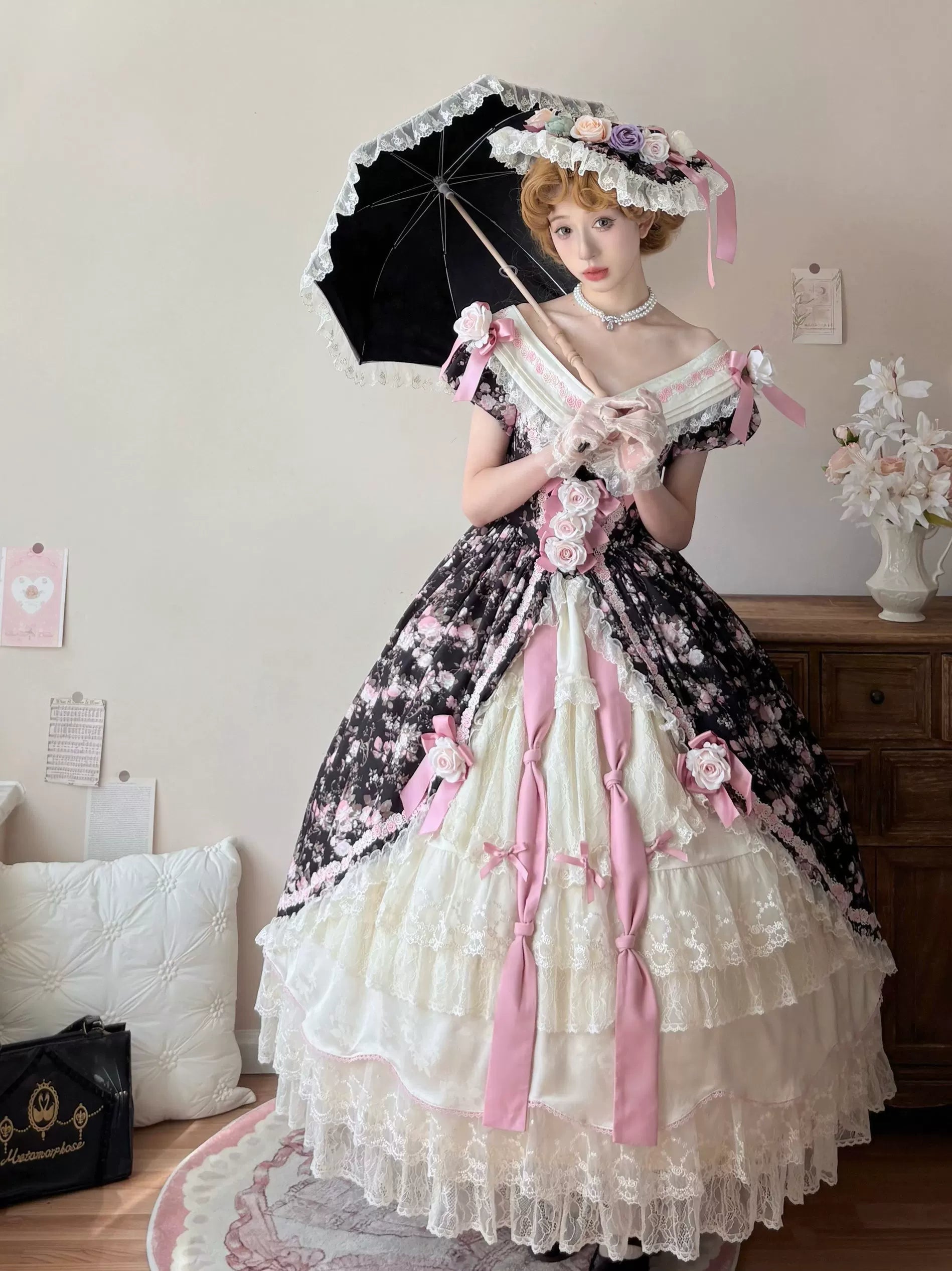 Dolota Flower Wall - Classic Lolita Floral OP Dress, Open Shoulder 44485:811208