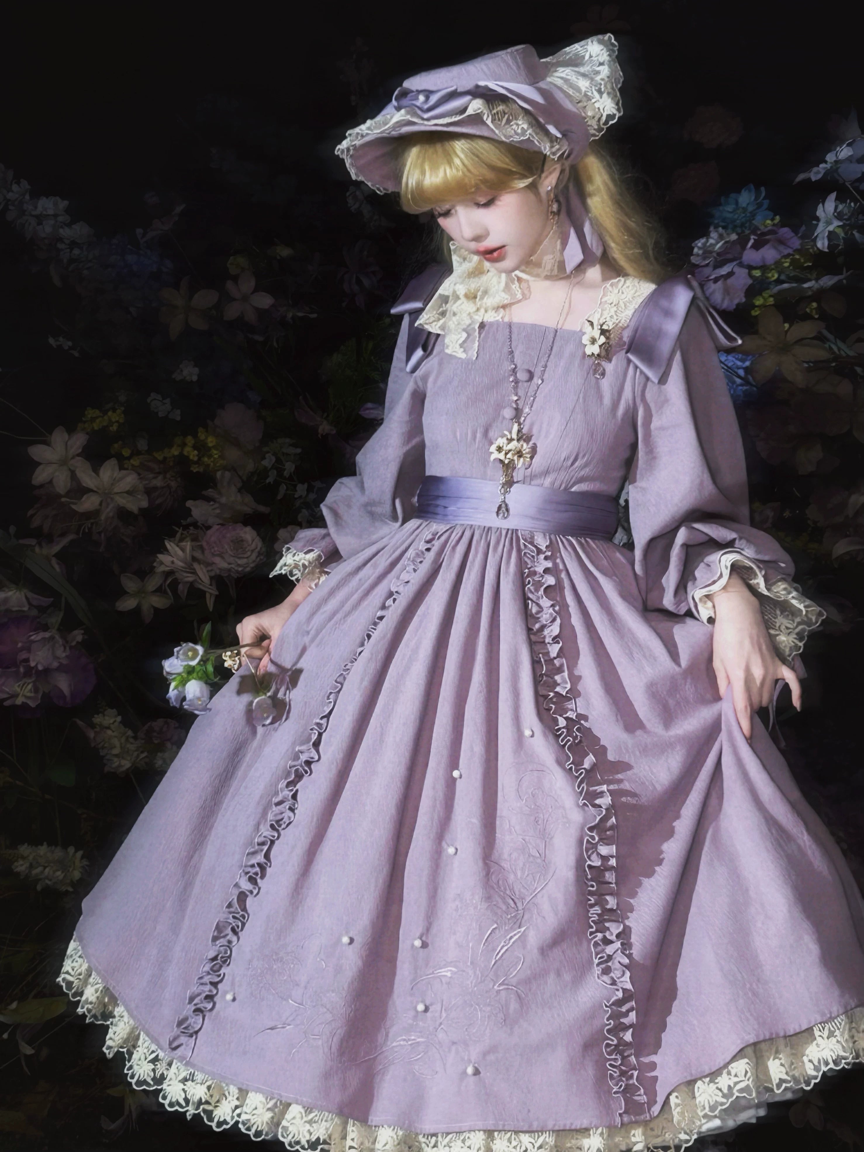 Moonlit Lily - Cotton Classic Lolita OP Dress, Lily Embroidery