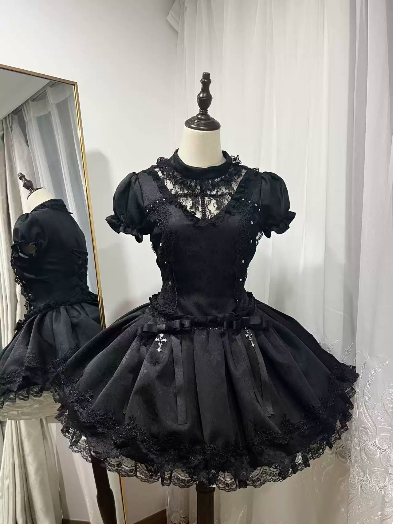 Cross Order - Gothic Lolita OP Dress, Lace Hem & Cross Black OP Only XS