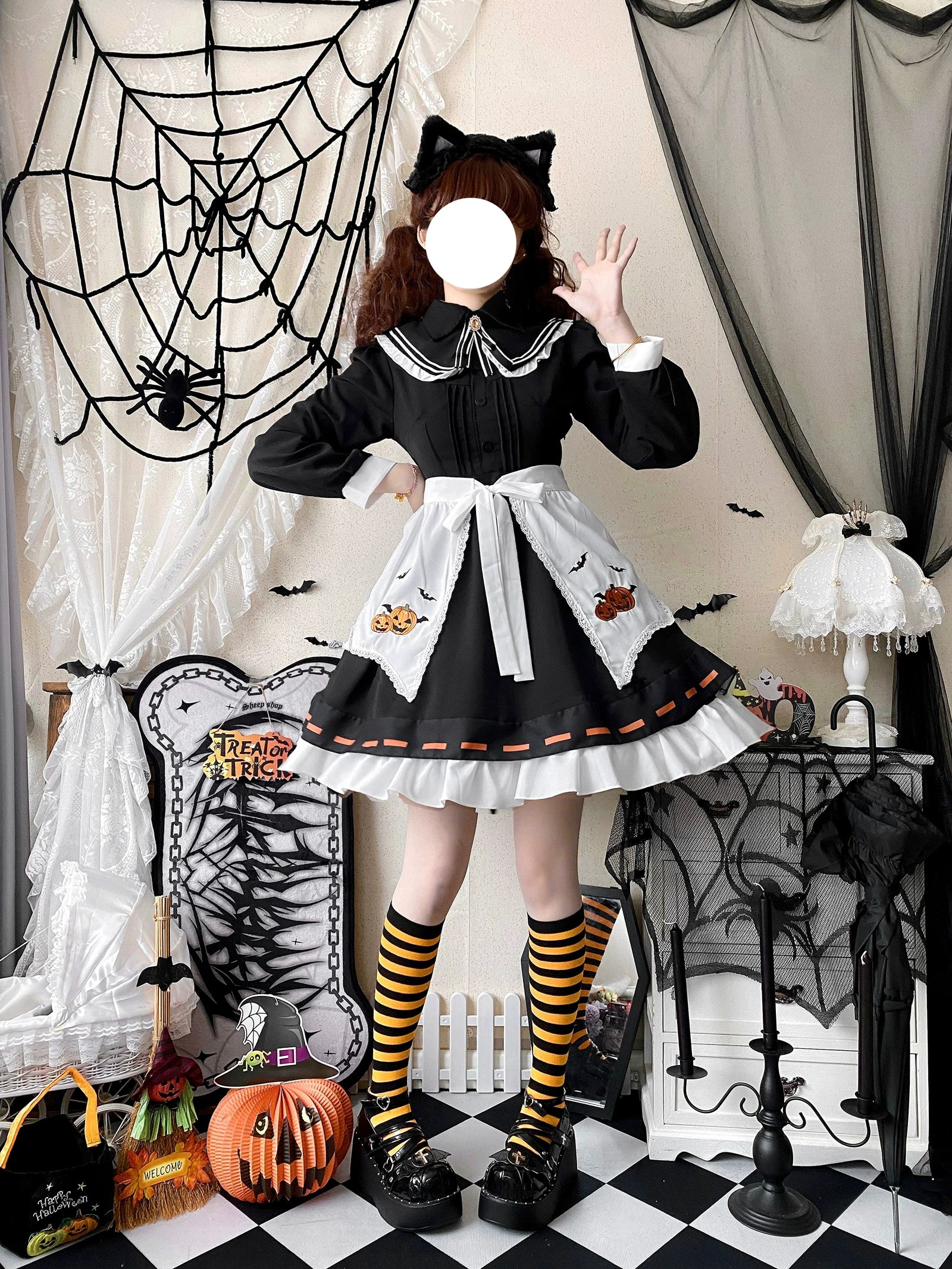 Little Witch - Halloween Gothic Lolita OP Dress Set, Pumpkin & Bat Embroidery