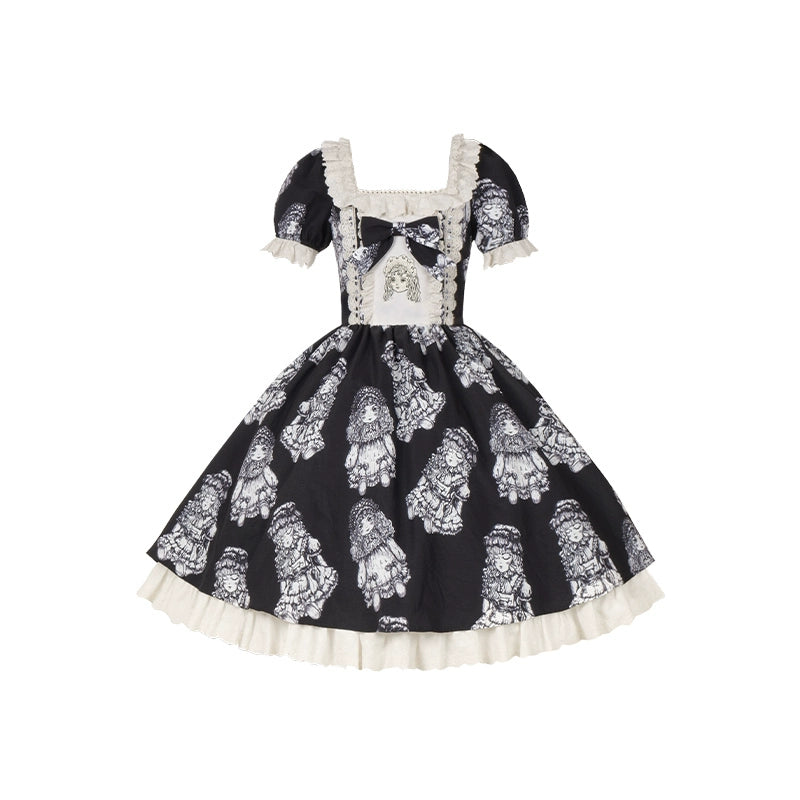With PUJI - Doll Night - Vintage Twin Lolita OP Dress Embroidered Doll Dress S Black OP only