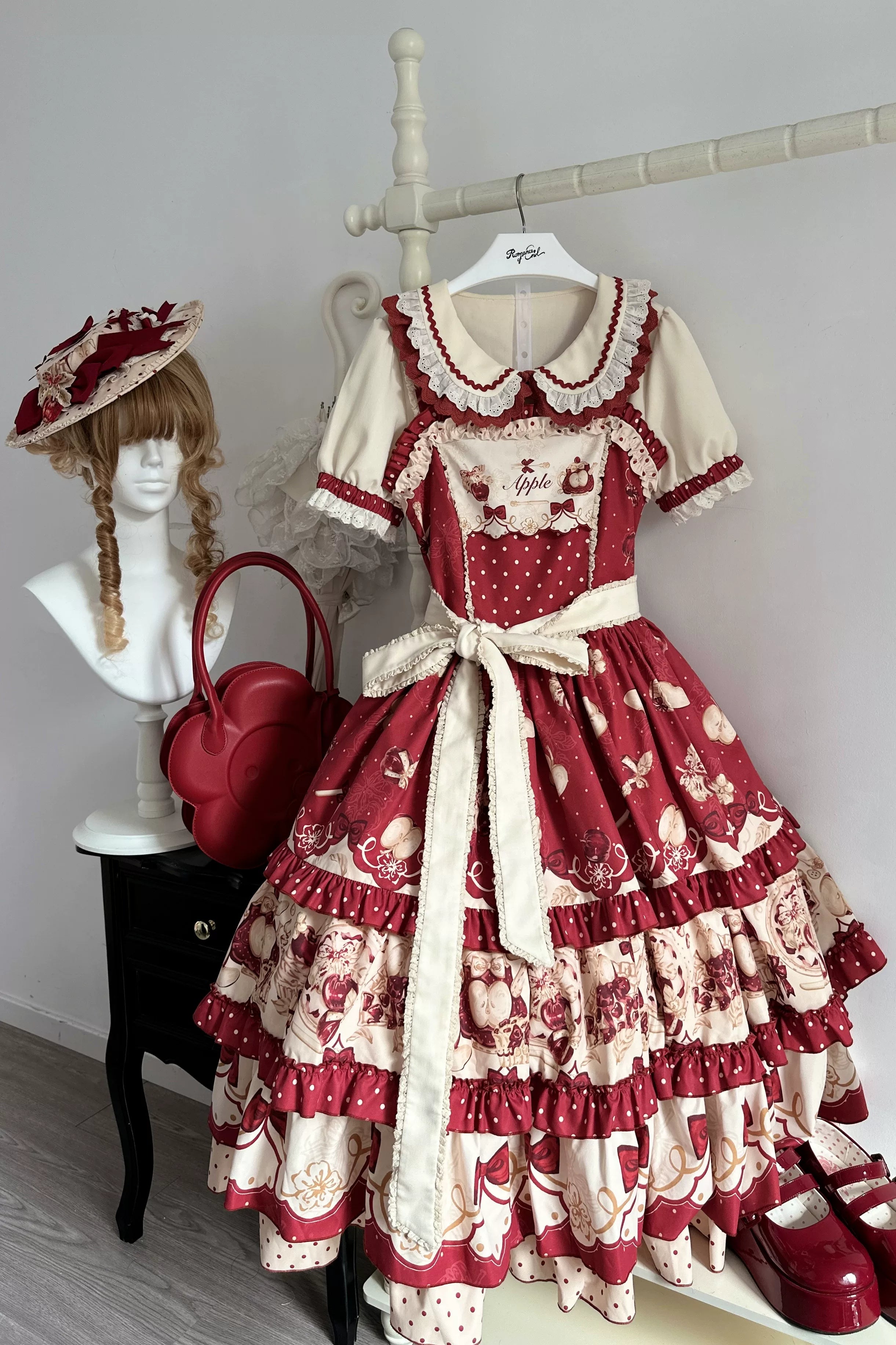A Red Apple - Sweet Lolita JSK Dress, Tiered Hem Apron