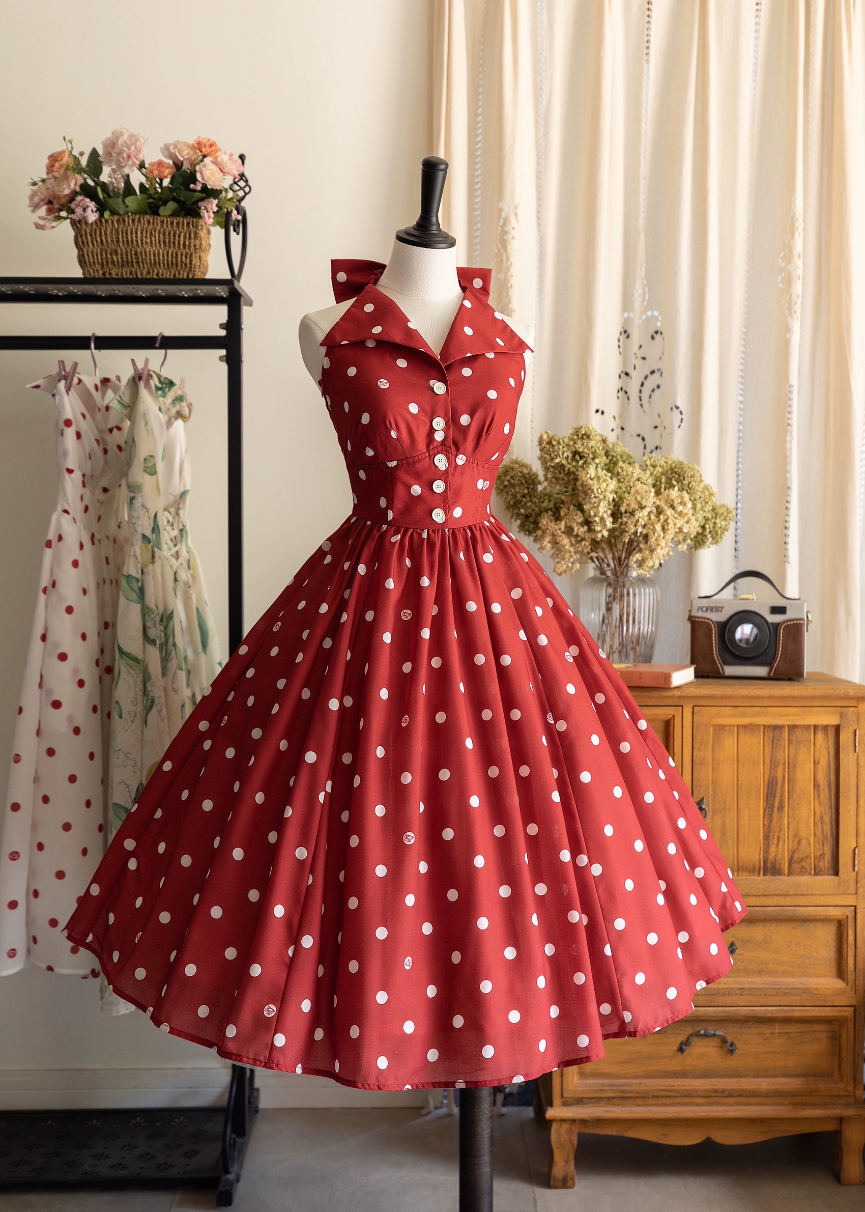 Forest Wardrobe - Afternoon Forest - Vintage Lolita Dress Halter Neck Open Back S Red polka dots