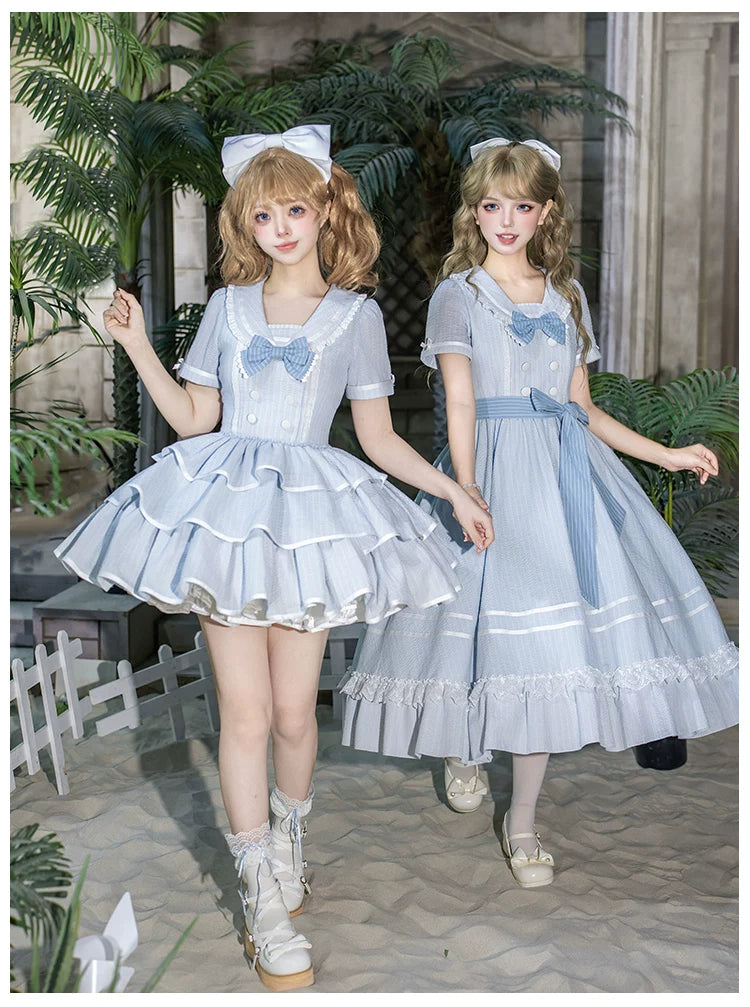 Seven-Day Bell - Blue Classic Lolita Striped OP Dress, Sailor Collar