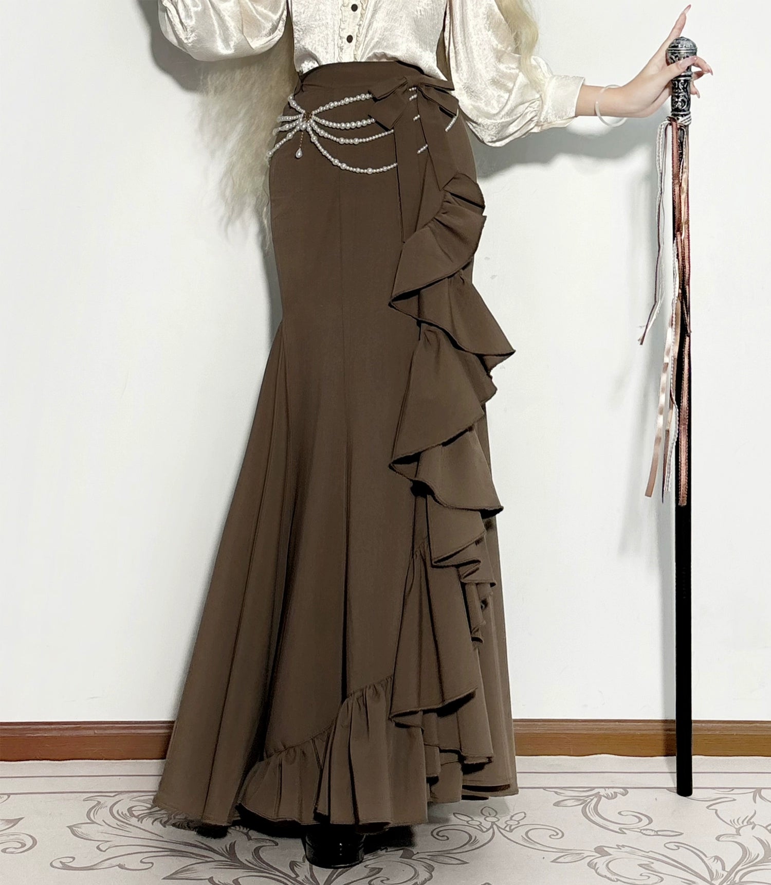 Muyu Handmade Studio - Evening Whispers of London - Brown Classic Lolita OP Dress, Mermaid Skirt Outfit 43993:791966