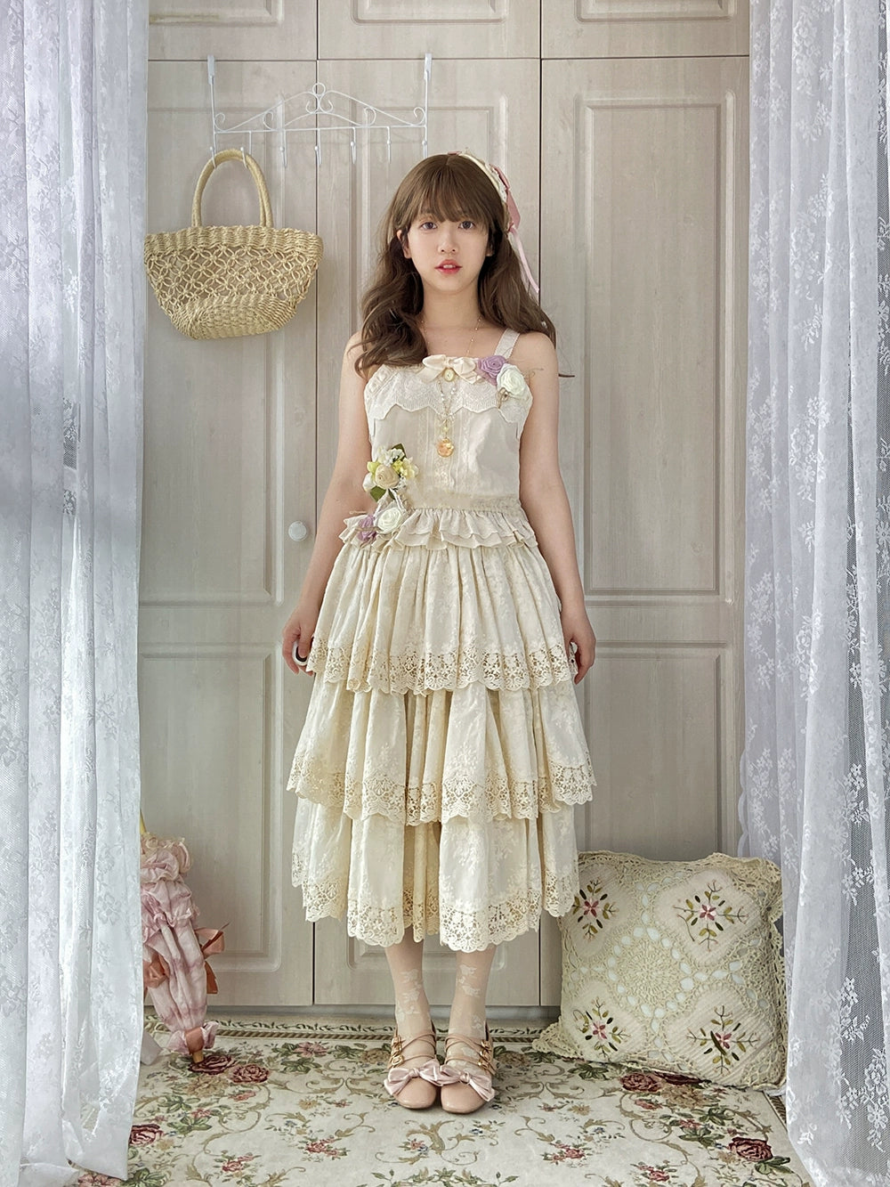 Miss Point - Forest Waltz - Classic Lolita Tiered Skirt Multi-layer Embroidered SK S Beige 3-layer skirt only