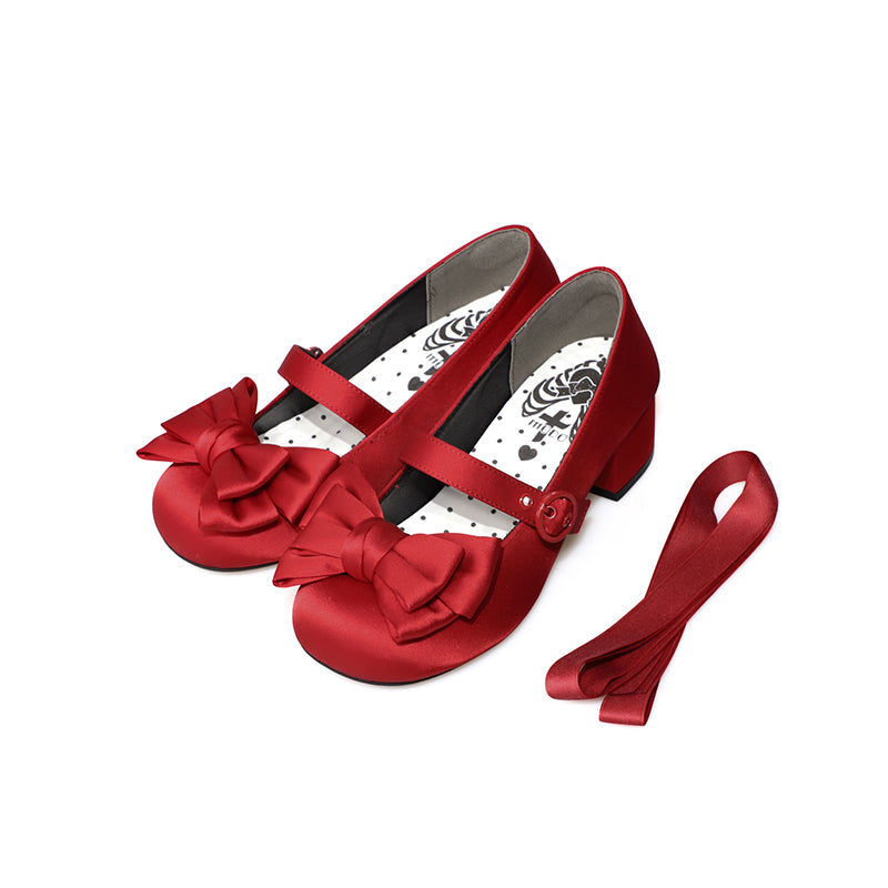 MODO - Sissi - Sweet Lolita Shoes Satin Low Chunky Heels with Bow (Red / 34 35 36 37 38 39 40 41) 42594:745898
