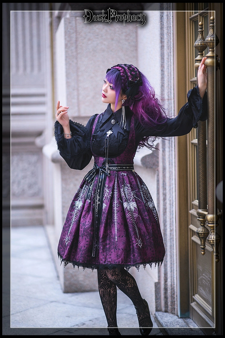 DuskProphecy - Coccyx - Elegant Lolita Dress High Waist Fishbone Print JSK Set 34722:466542