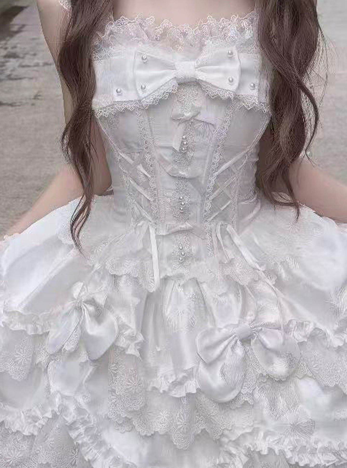 Realm of Sea Moon - Sweet Lolita Jacquard JSK, Boned Waist & Petal-shaped Hem White - JSK (with back trailing bow) Only S
