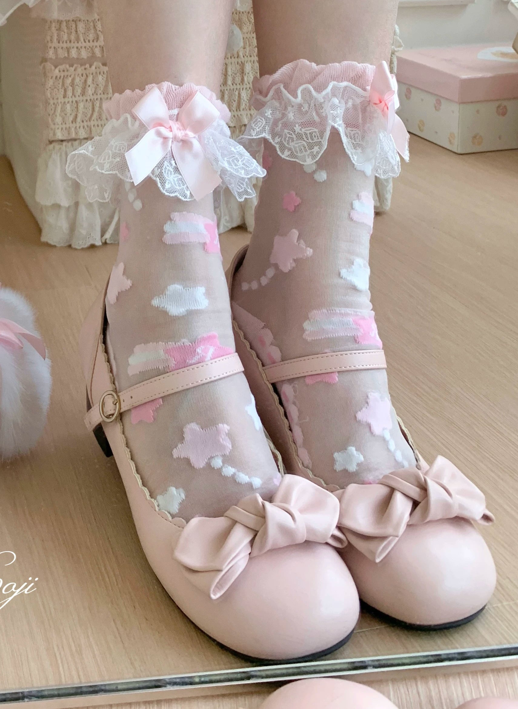 Sweet Lolita Star Embroidered Socks with Colorful Satin Bow 45610:855335