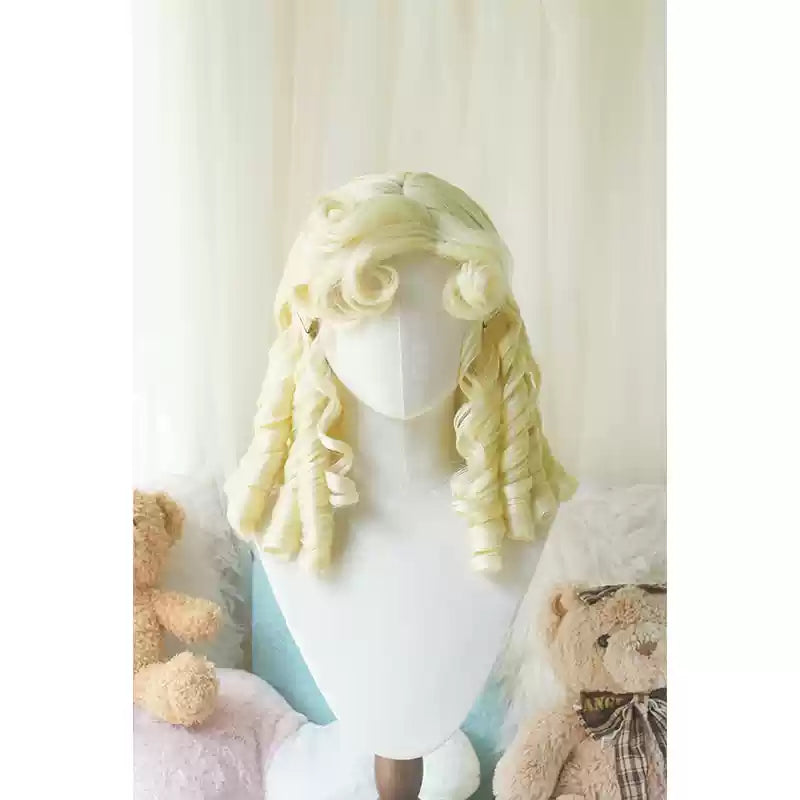 Imperial Tea - Retro Lolita Wig Short Roman Curl Hairpiece Light gold curly bangs with hairnet