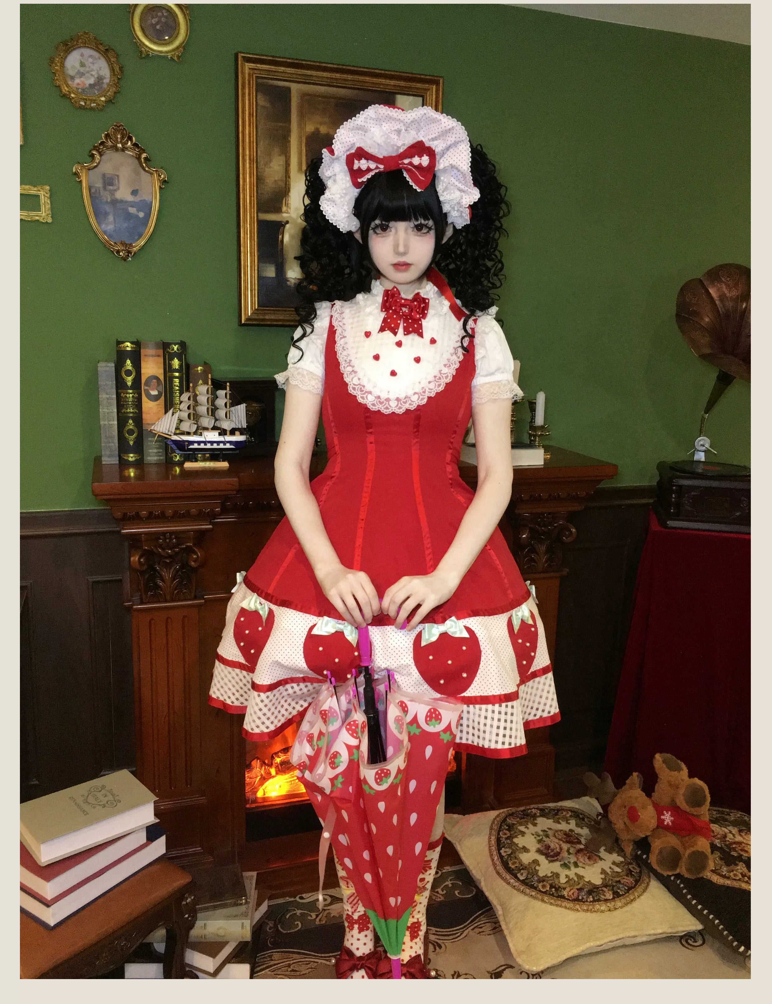 The Weird Strawberry Lady - Old School Lolita JSK, Hand-Studded Strawberry Red JSK with Red Strawberry S