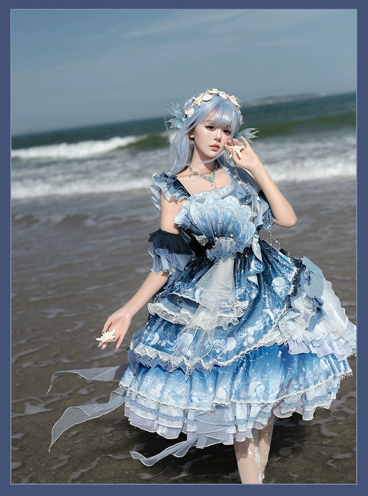 YingLuoFu - Blue Breath Jellyfish - Classic Lolita Jumper Dress, Side Zipper 43572:779895