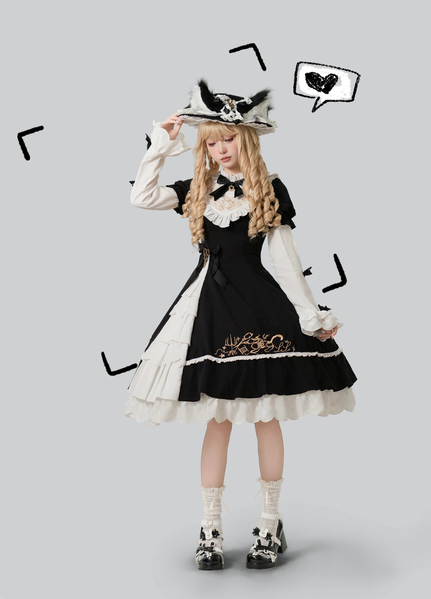 Sewing Magic Cat - Classic Lolita Six-Panel OP Dress with Embroidery OP + Straight Sleeves + Cat Ear Hat S