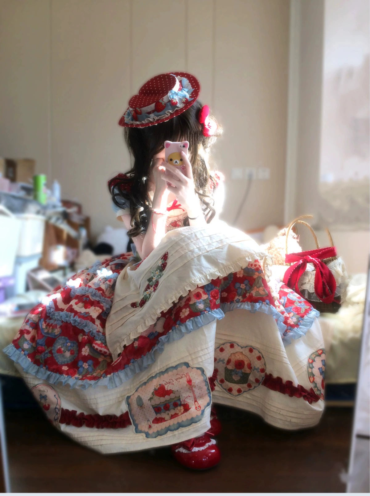 Rose Whispers - Strawberry Tata - Sweet Lolita Dress Suit With Strawberry Cake Print 43173:769185