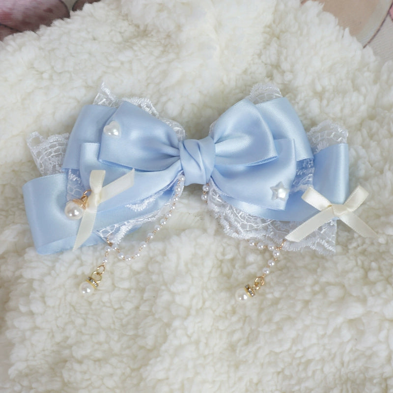 MaoJiang Handmade - Dreamy Sweet Lolita Layerd Bow Hair Clip, Pearl Accents Blue