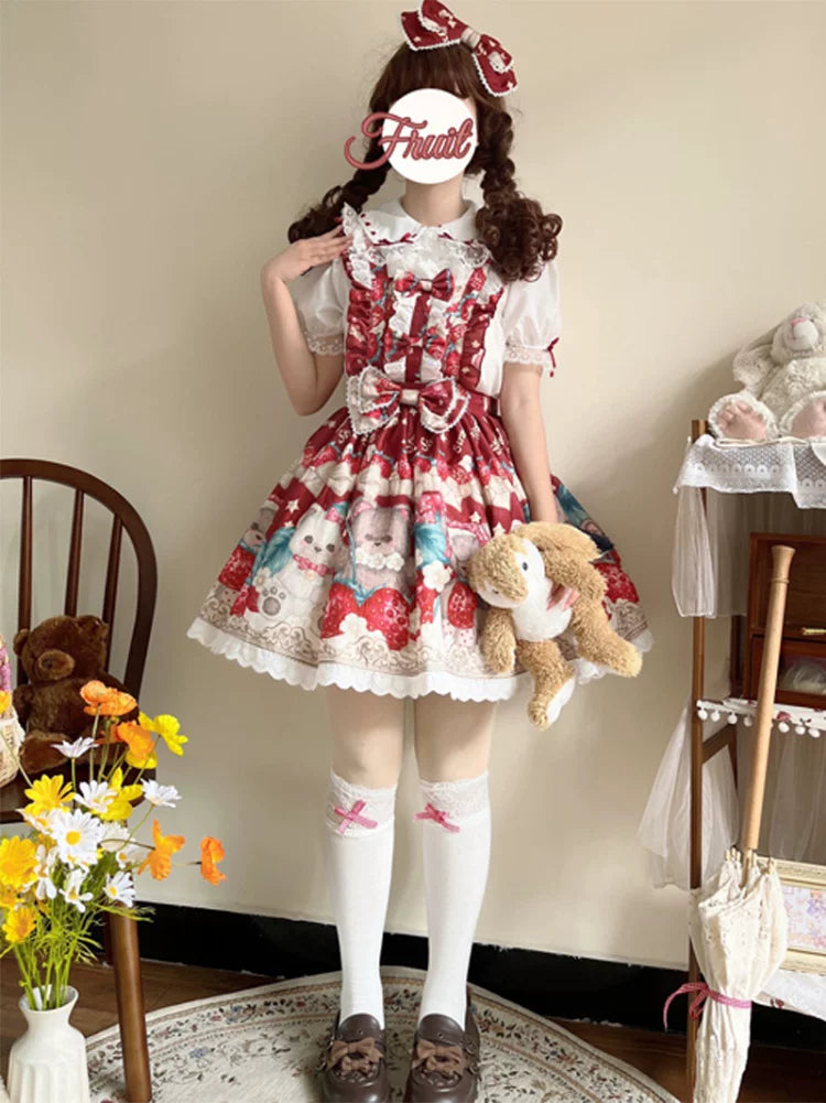 Bearberry Pastry Chef - Kawaii Lolita Salopette Dress, Bear & Strawberry Print