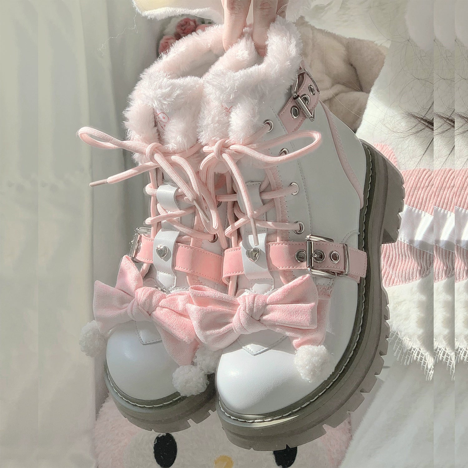 StarsCrwon - Sweet Lolita Shoes Winter Lolita Martin Boots Pink and white 34 Inner length 22 cm / 8.7 inches (sole size 35)