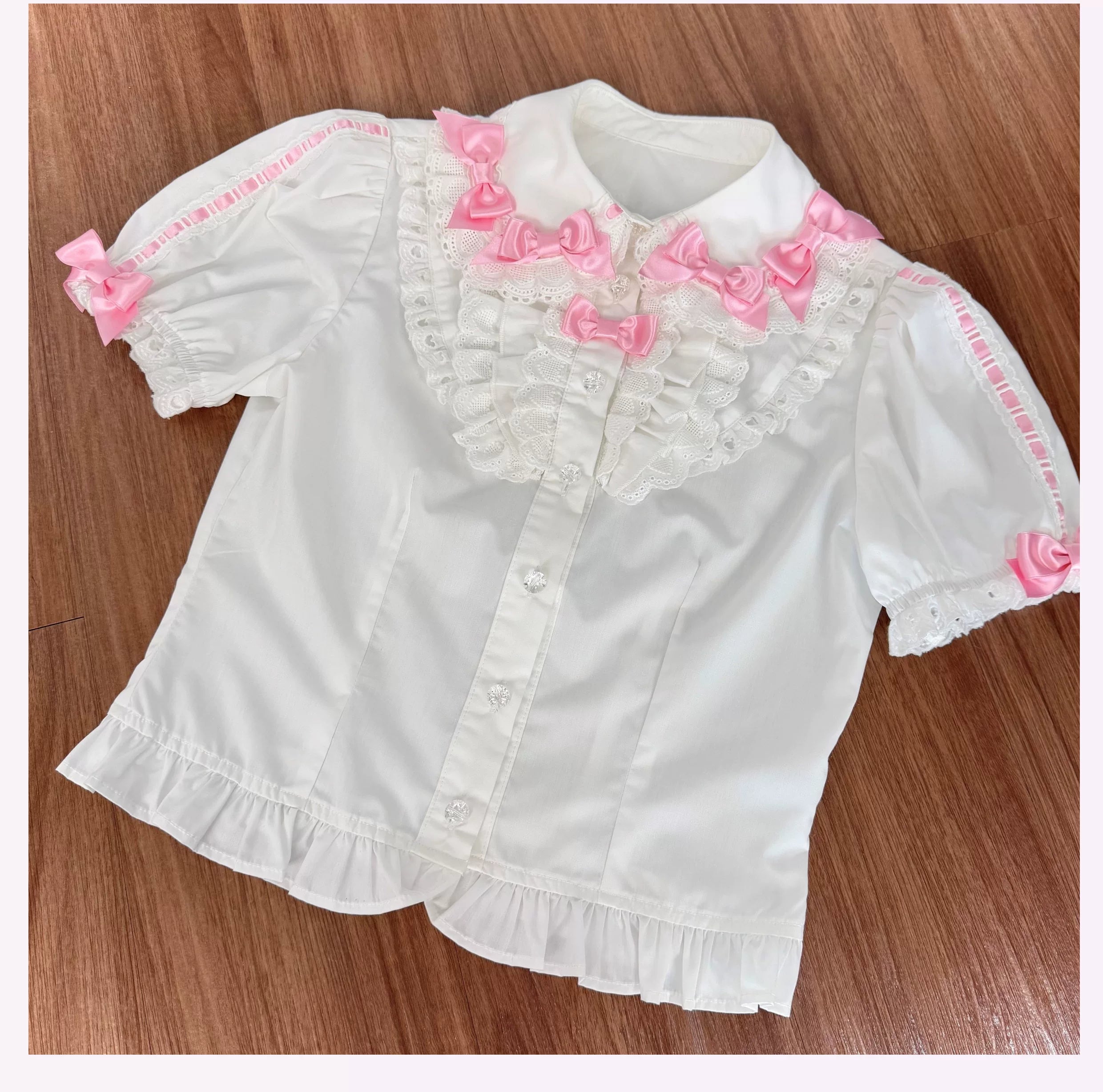 Cotton Old School Lolita Peter Pan Collar Blouse with Bows White Blouse (with pink bows) S