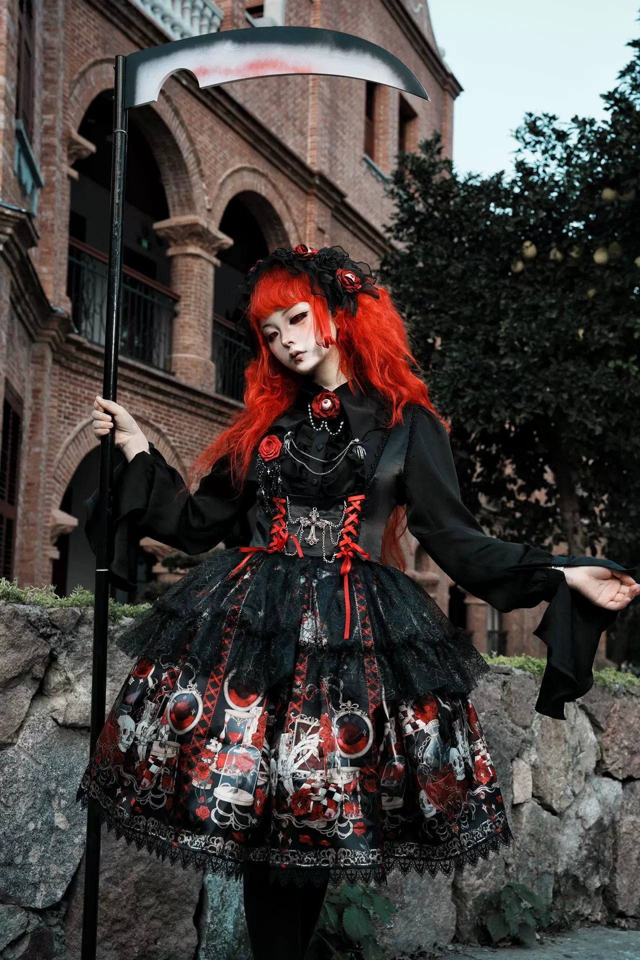 Blood Research Lab - Gothic Lolita JSK Dress, Rose & Skull Print 44449:808783
